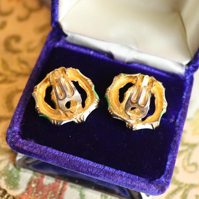 C.a. 1950-60s Green & White Nautical Double Ring Clip Earrings from Germany (MZ061)