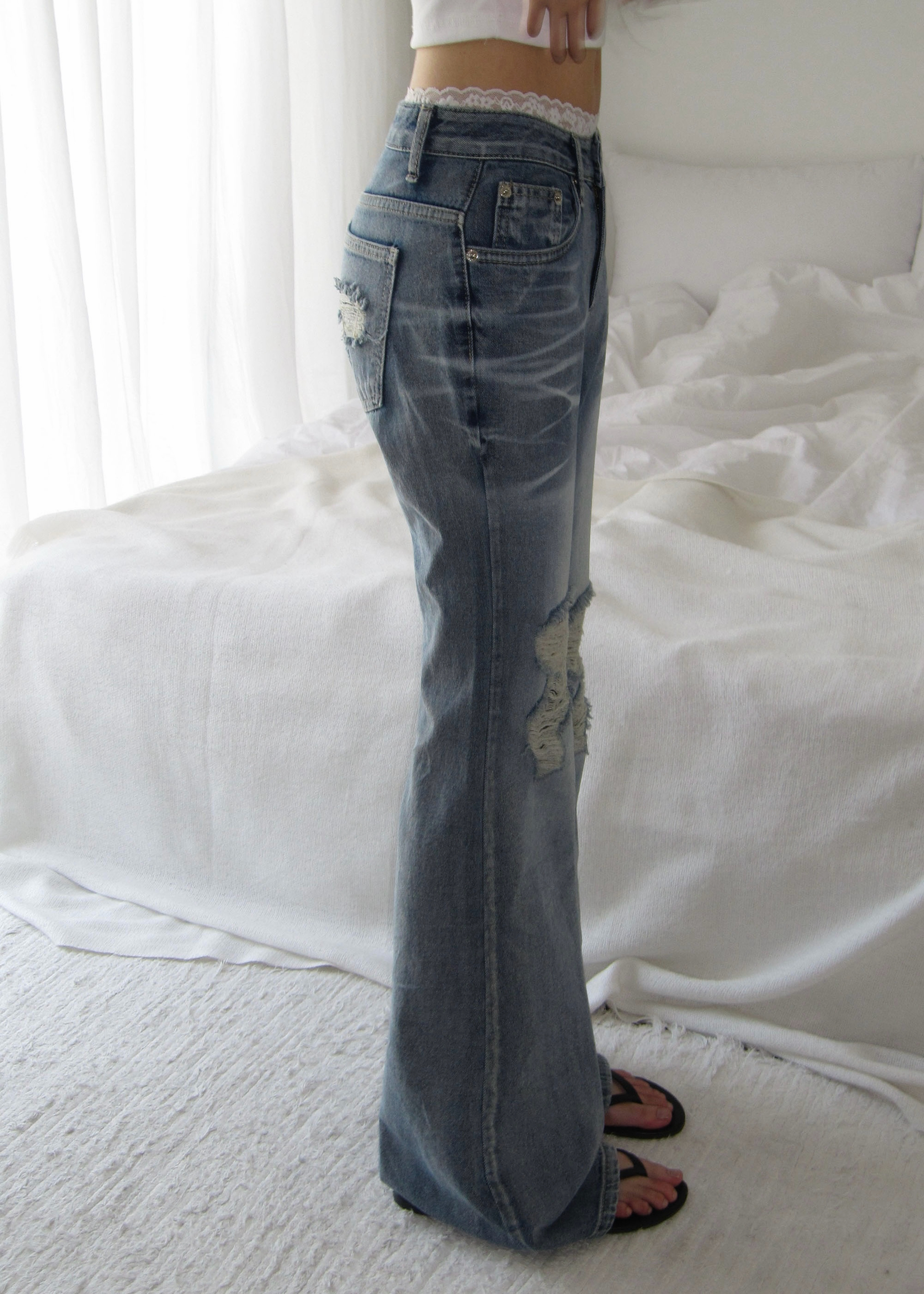 Washed Distressed Flare Jeans