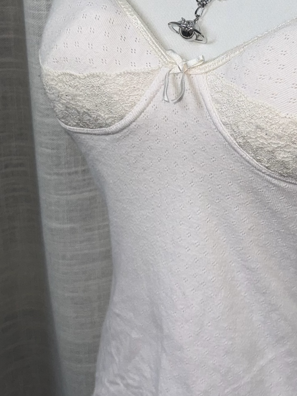Off-White Ribbed Cami with Lace Cups and Center Ribbon