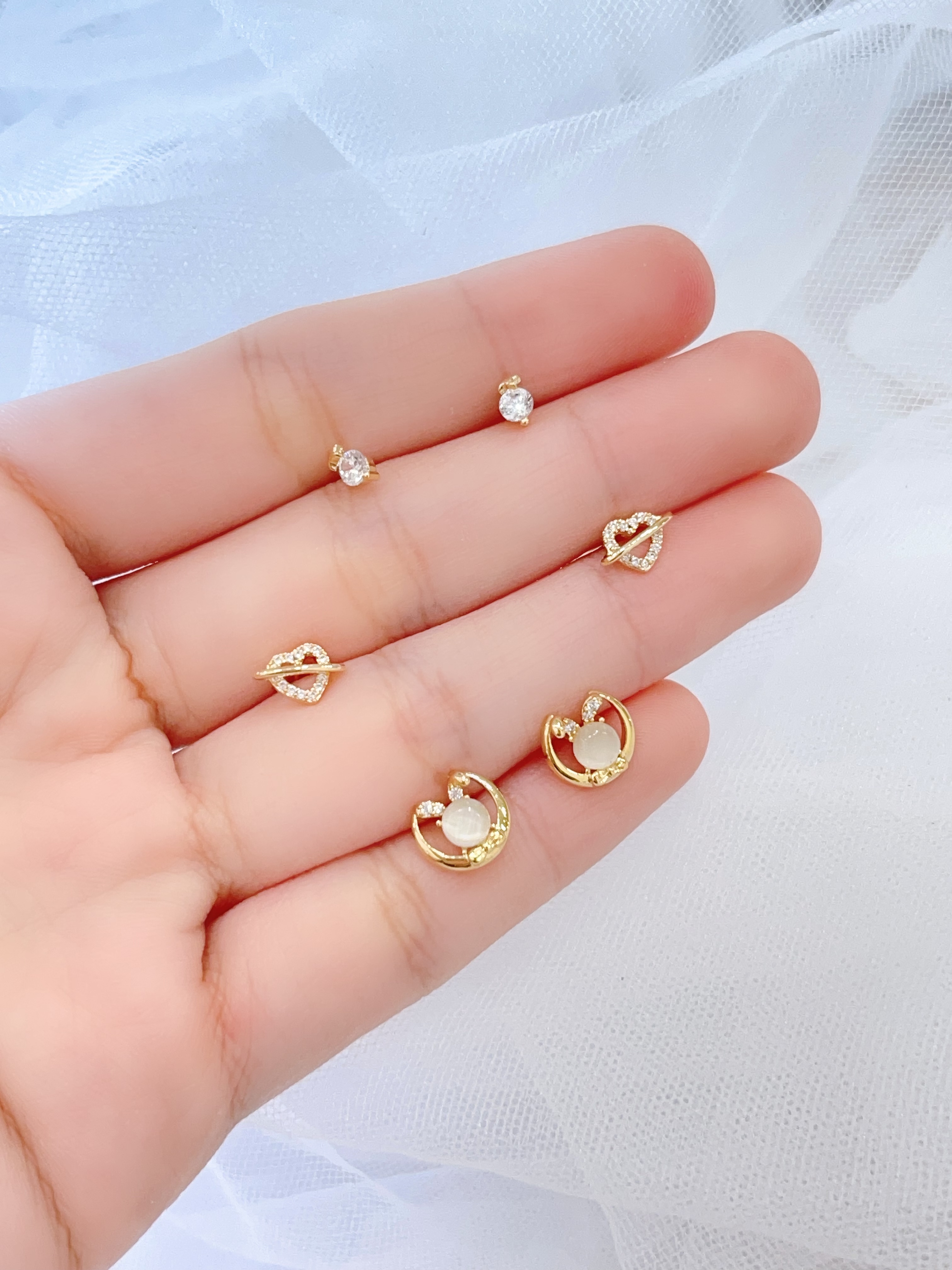 猫眼石兔子爱心耳环套装