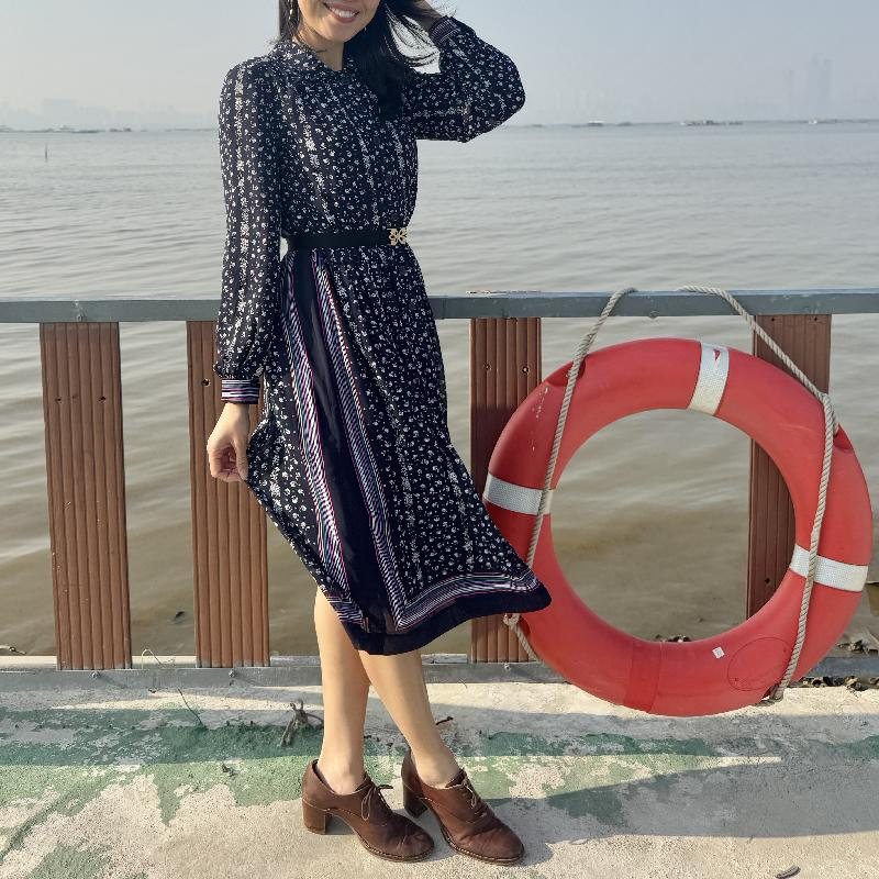 Vintage Japanese Colorful Linear Pattern Trimmed Floral Shirtdress (MT2260-25)