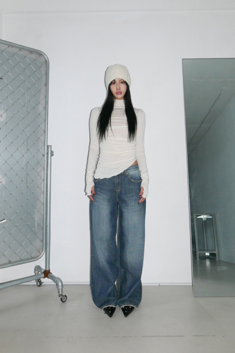 Ruched Asymmetrical Turtleneck Top