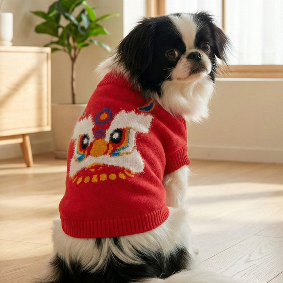 S644RD  賀歲獅頭冷衫 - 紅色 Lionel Sweater