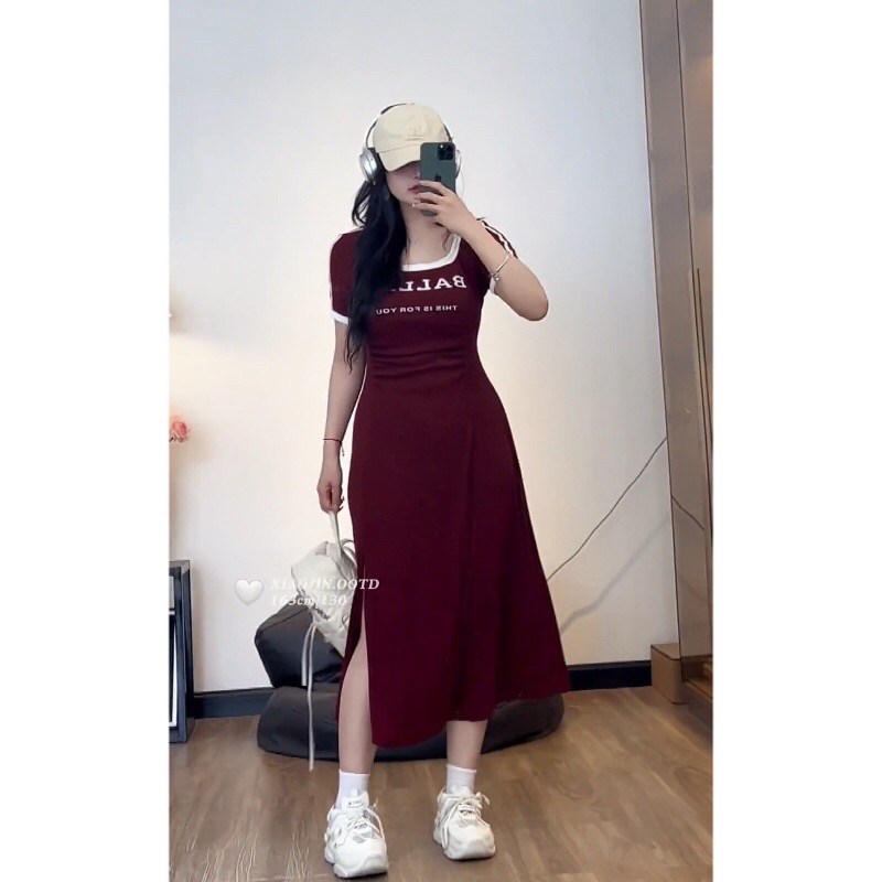 B436(6522长) 长款美式甜酷风大U领BALLET条纹肩袖红连身裙
