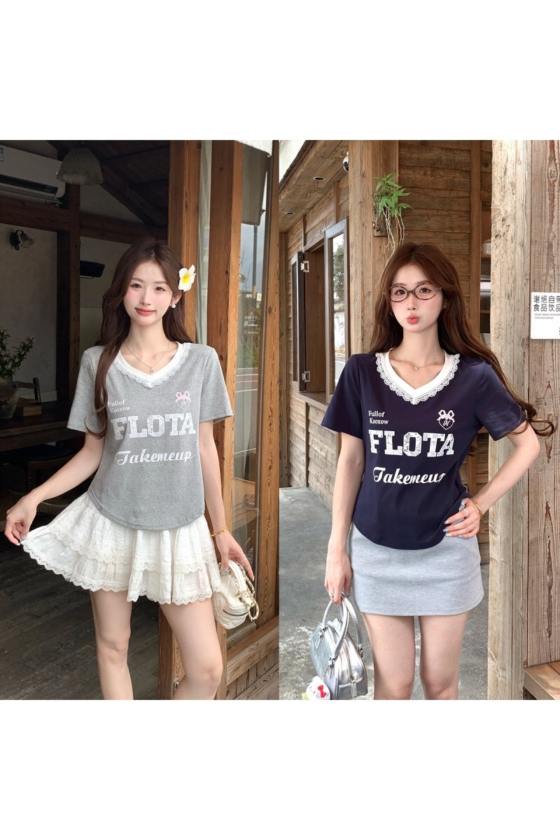 B333(80039) 美式甜辣风V领边拼蕾丝FLOTA灰蓝上衣