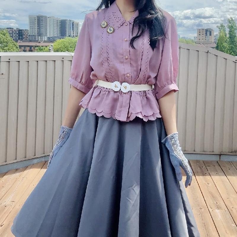 Vintage Japanese Plum Colour Cut-out Pattern Peplum Summer Blouse with Scallop Edge (MT2349)