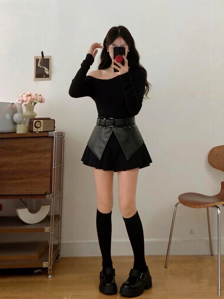 B44(9968) 韩系御姐斜肩上衣与皮质开角腰封短裙黑套装