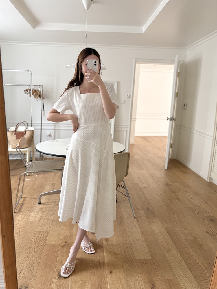 Asymmetric Striped Dress (Ivory)