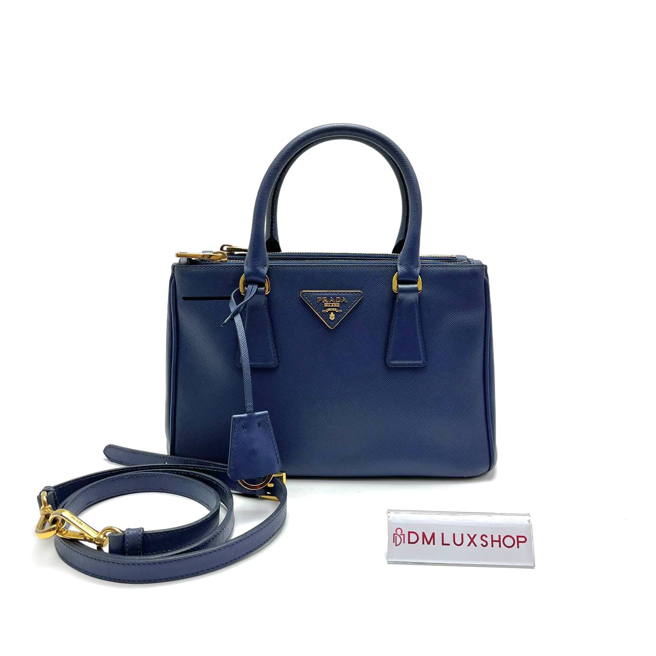 Prada Saffiano Navy Blue Small Double Zip Galleria Lux Tote GHW