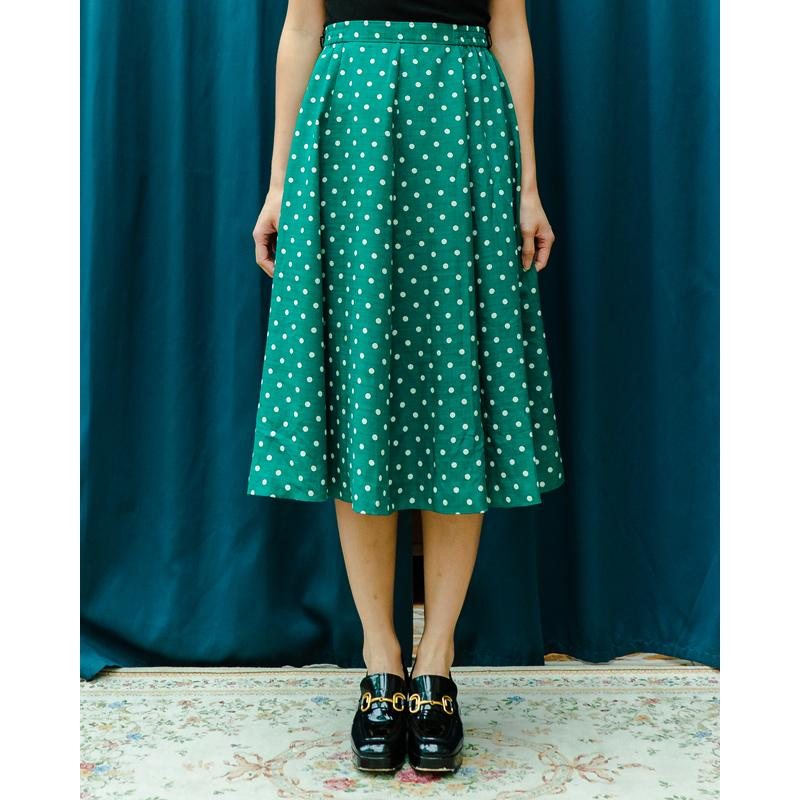 Vintage Japan White Polka Dot on Green Swing Skirt - Waist 26.5~30" (MT1606-1)