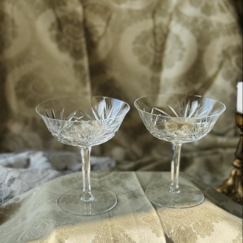Pair of Vintage Hand-Cut Crystal Champagne Coupes with Pinwheel Pattern (MT2382)