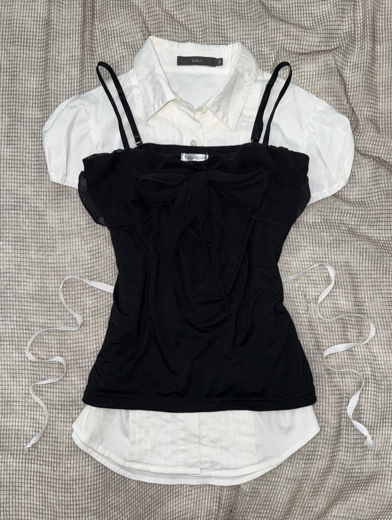 J-Fashion Bow Cami x Puff Sleeve Blouse Set