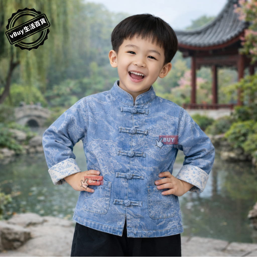 兒童新年衫｜男童 牛仔中式唐裝 立領盤扣 藍色雲紋 唐裝外套｜Vbuy
