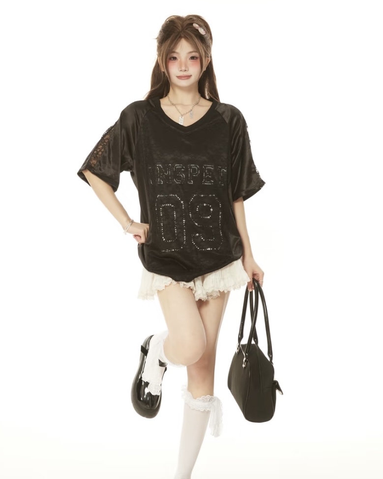 TP391缎面蕾丝T恤