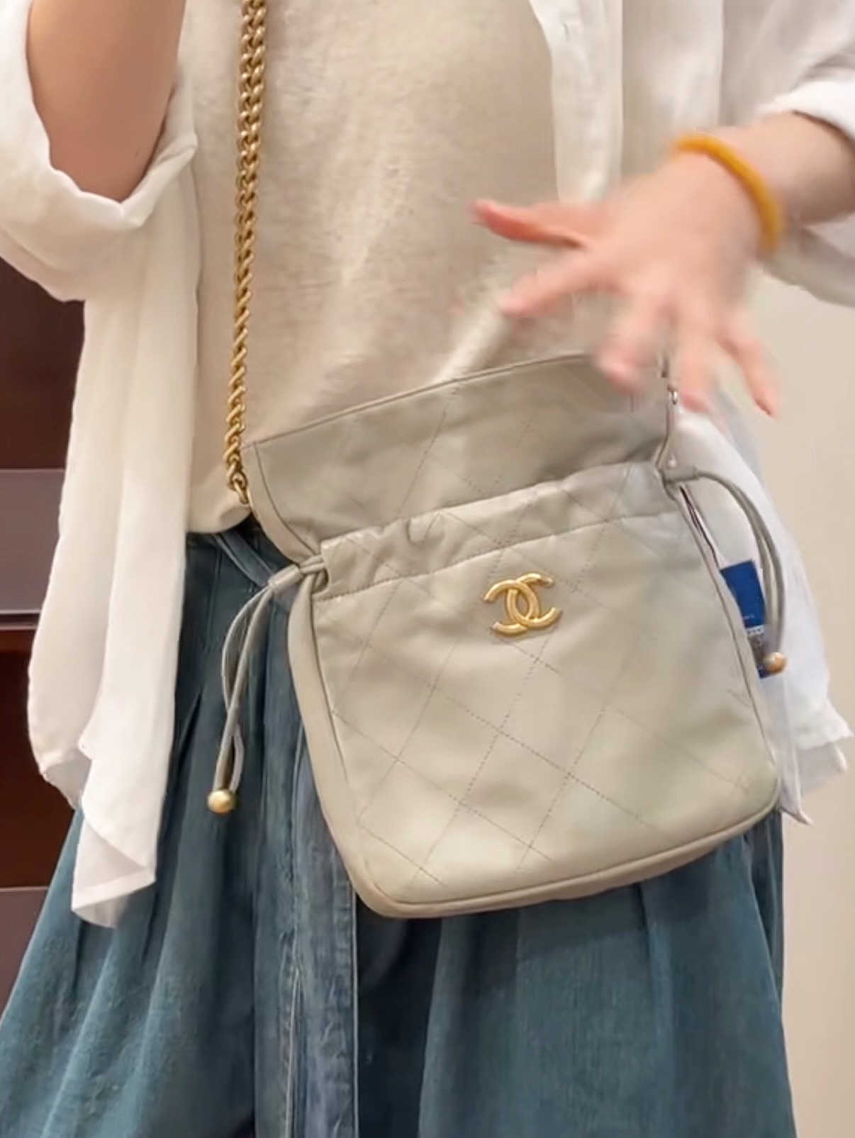 Chanel👜 PRE OWNED 🛍️灰色 金扣菱格鏈條單肩包 🩶