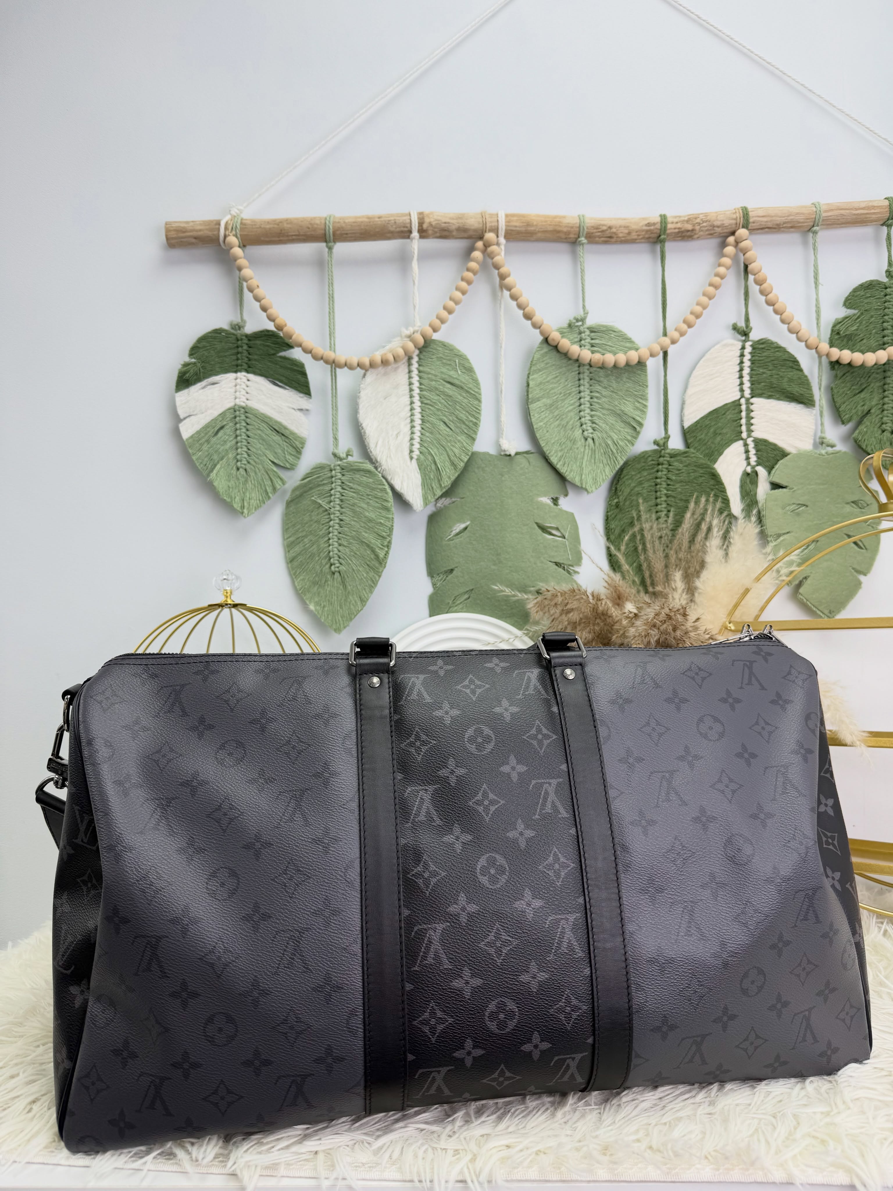 Lv👜 PRE OWNED 🛍️黑灰老花 Keepall Bandoulière 50 旅行袋🖤