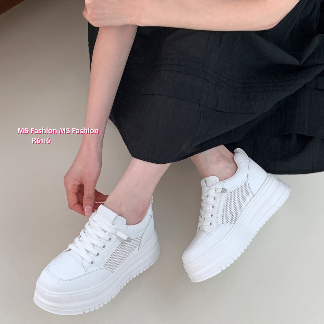 R6116 韓國🇰🇷真皮厚底拼網料sneakers