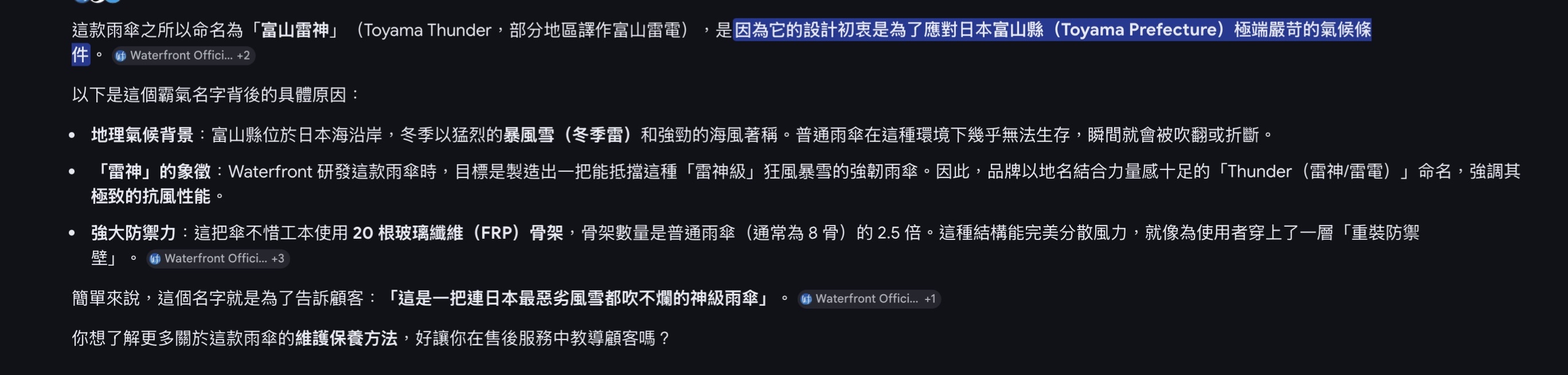 Waterfront 的 「富山雷神」（Toyama Thunder）20本骨長傘