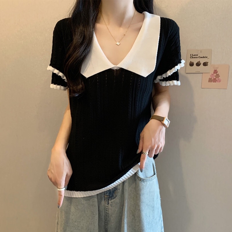 B26(878) 法式撞色娃娃领双层花边袖黑针织上衣 