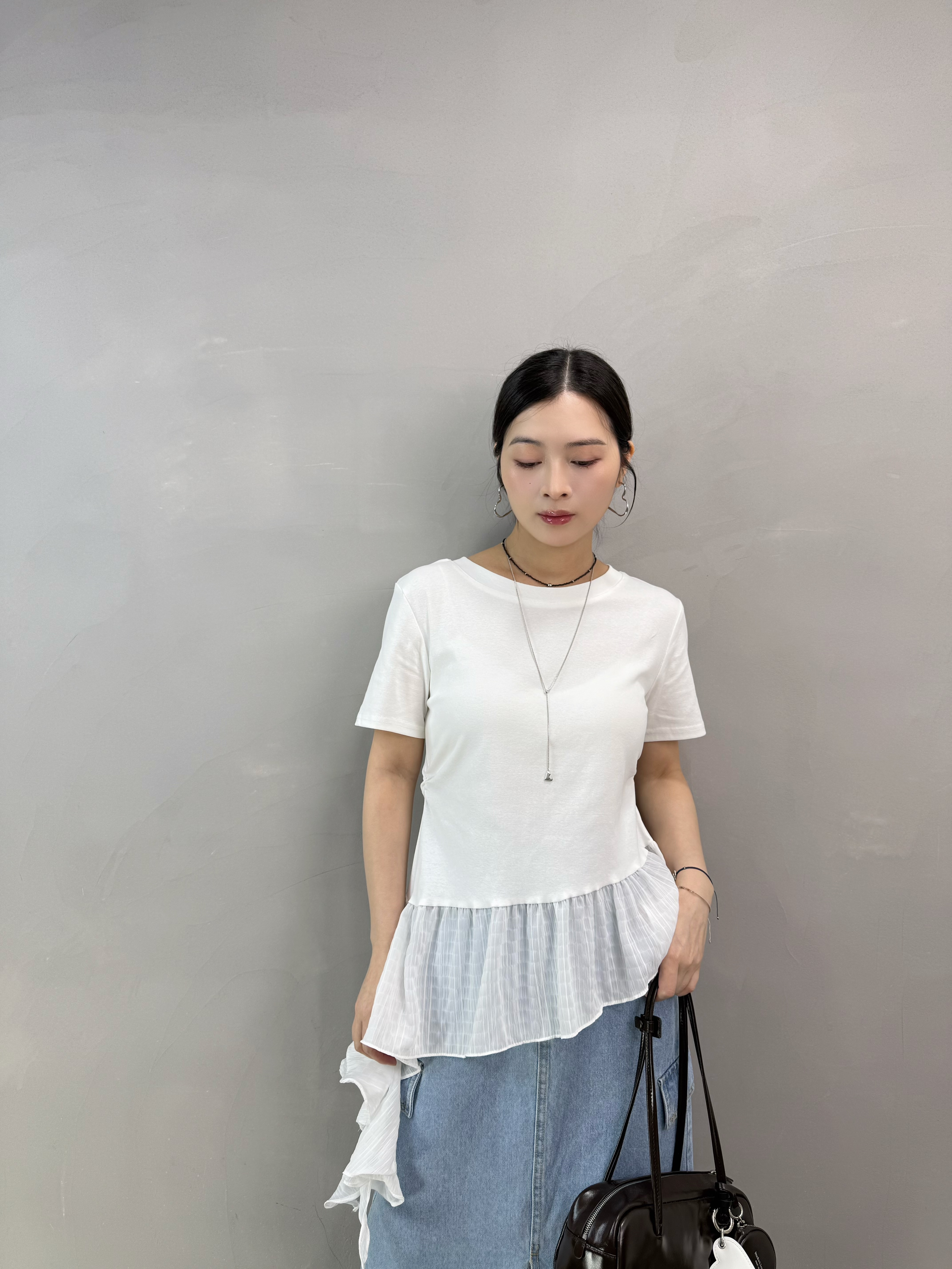 S76 棉質拼斜腳ruffle top