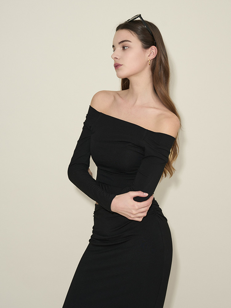 法式氛圍感Off Shoulder Top 預購_Slim Fit Off-shoulder Long Sleeve by Grandeline