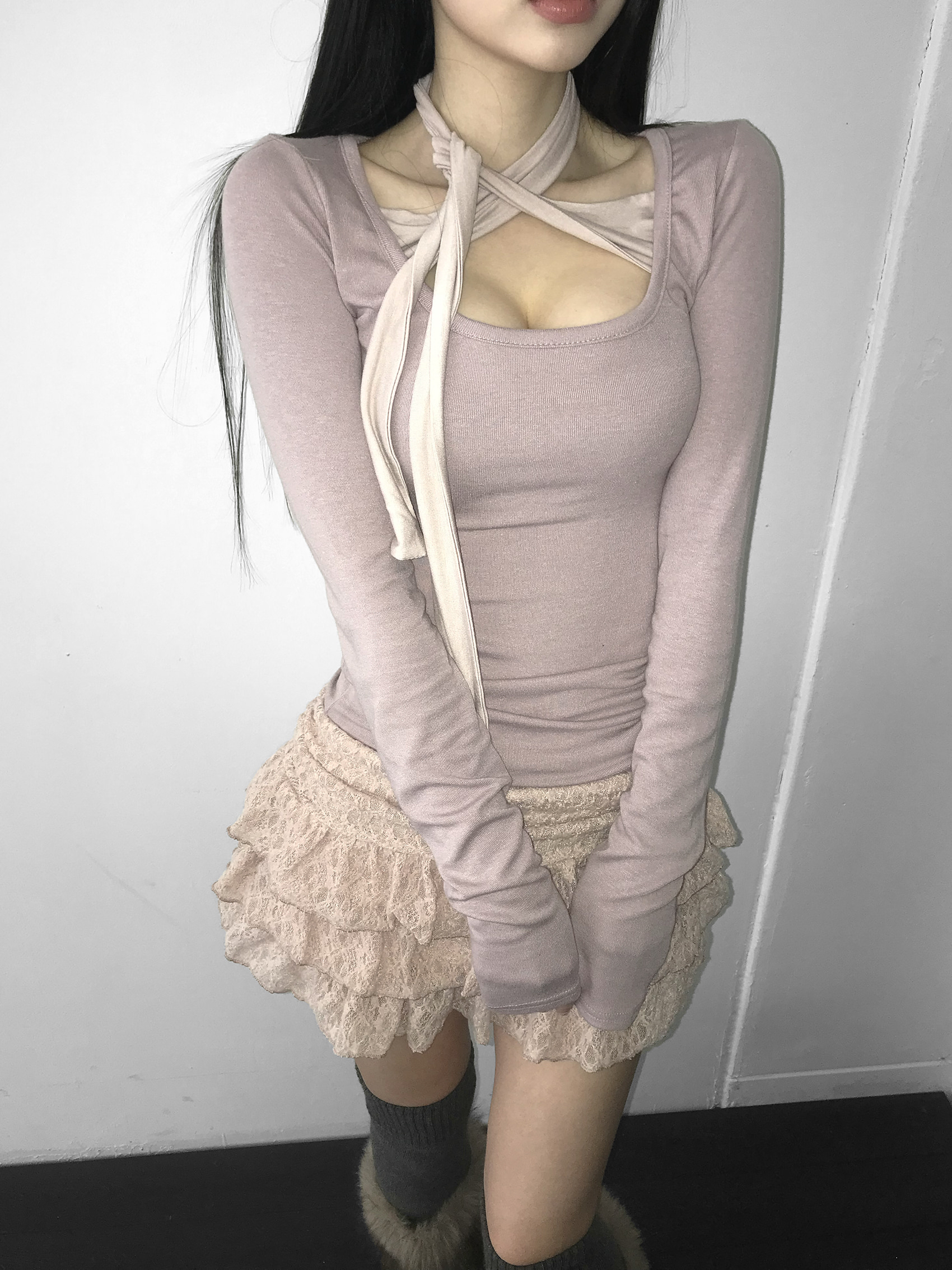 Tie-Front U Neck Long Sleeve Top