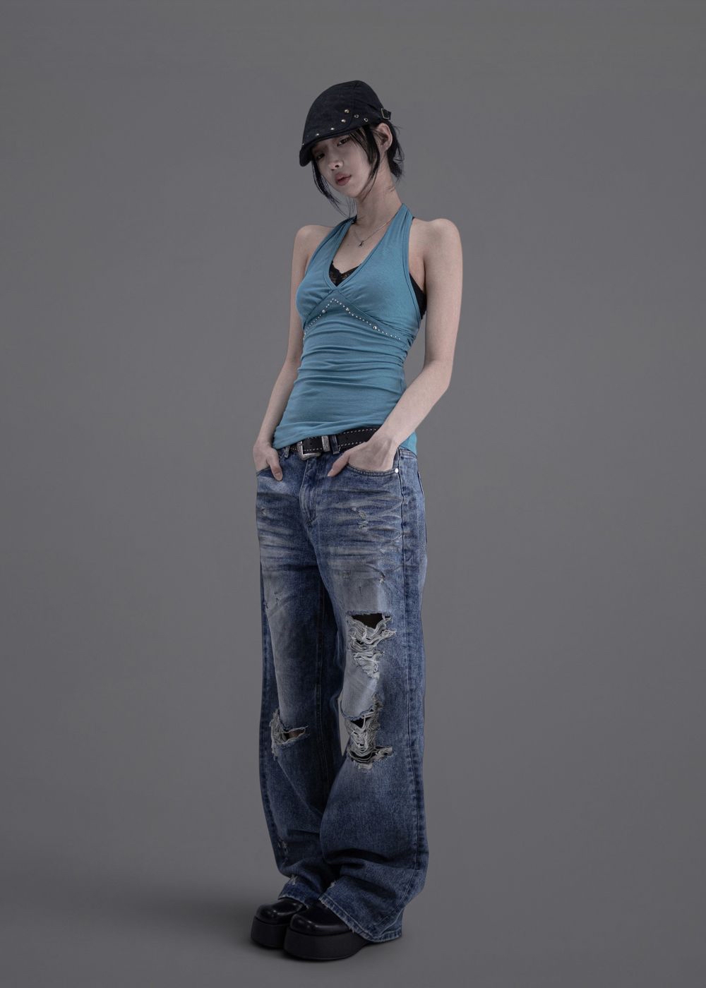Studded Ruched Halterneck Top