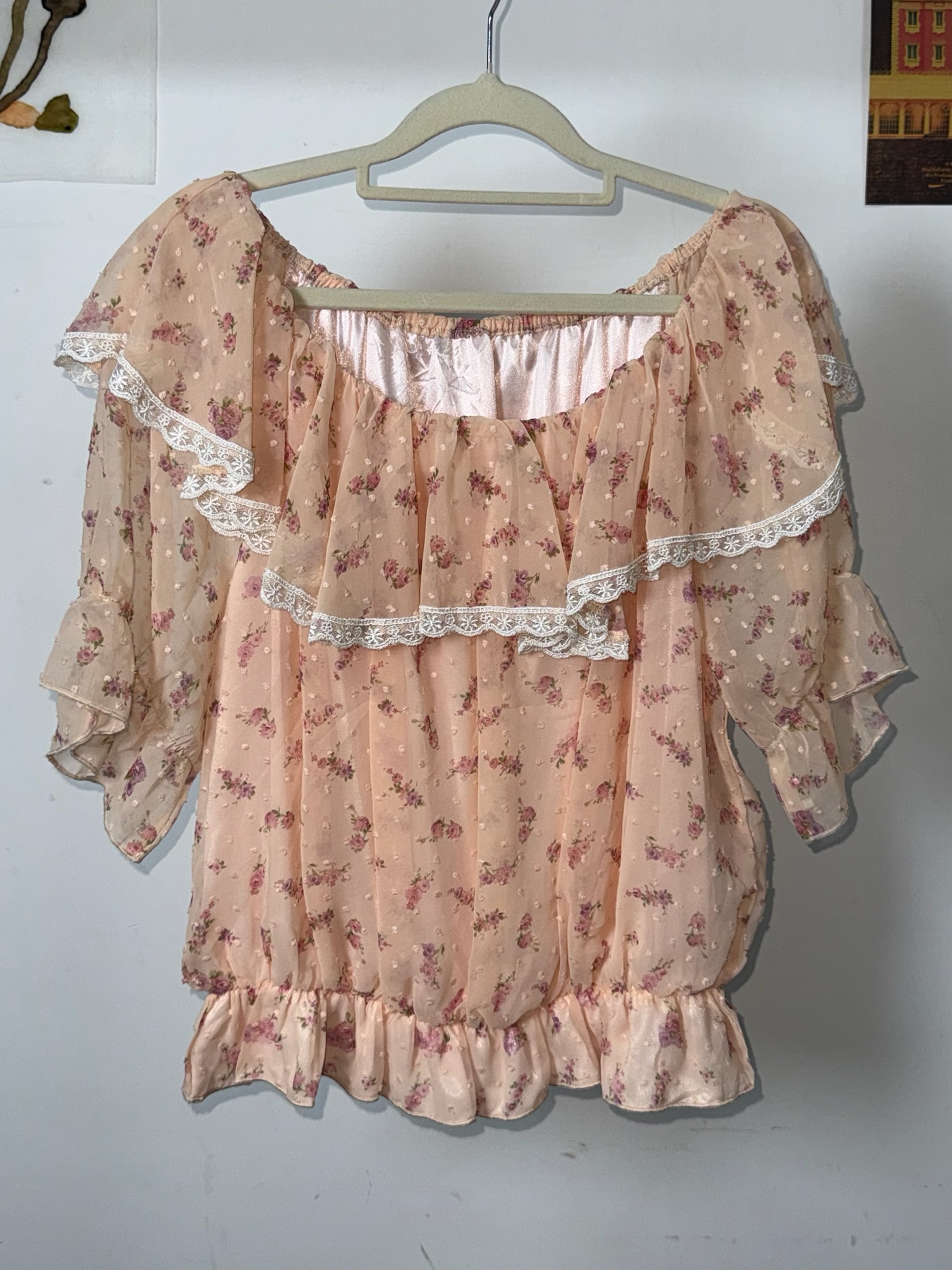 LIiz Lisa Coquette Lace-Trimmed Smocked Floral Blouse