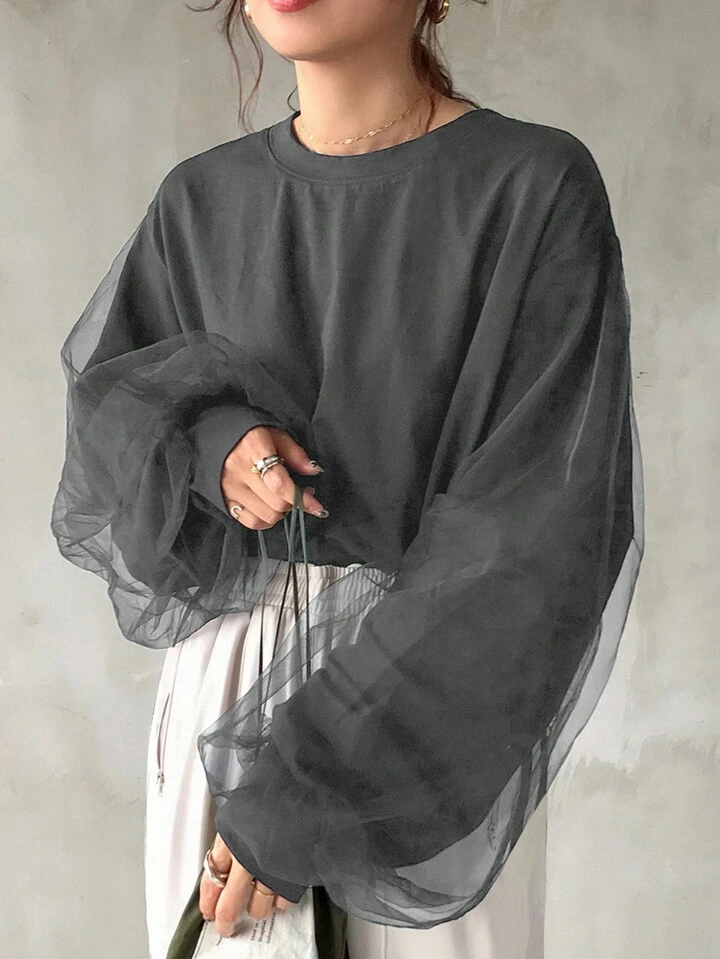 (兩色）薄紗拼接上衣