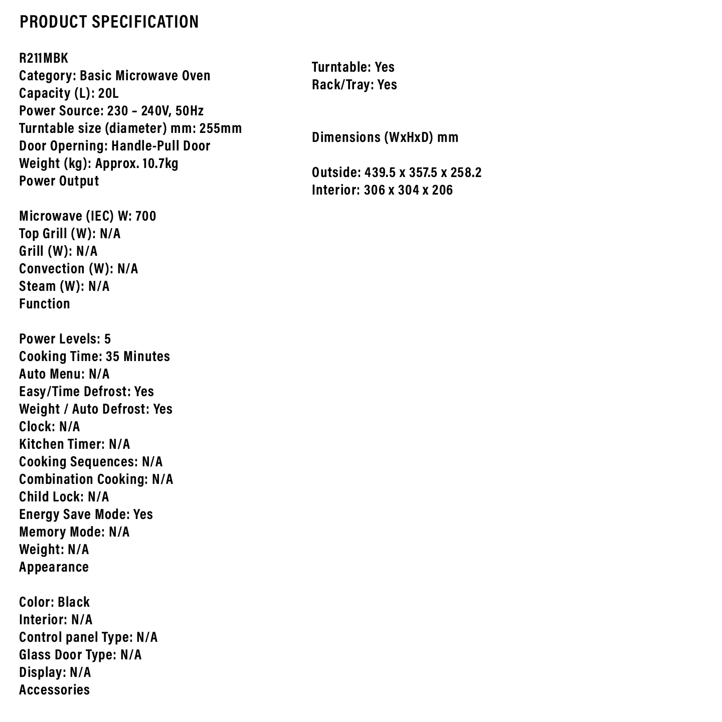 Sharp 20L Mechanical Microwave Oven (R211MBK)