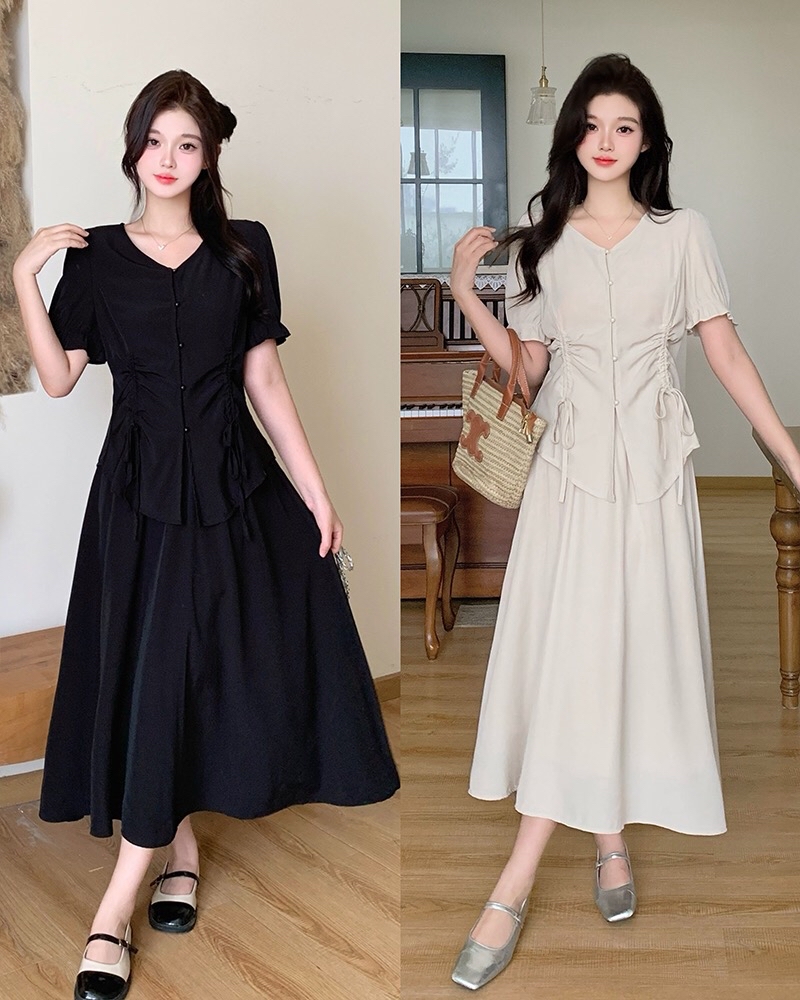 B202(63147) 韩系气质高级感双边腰抽绳褶皱上衣与长裙黑杏套装