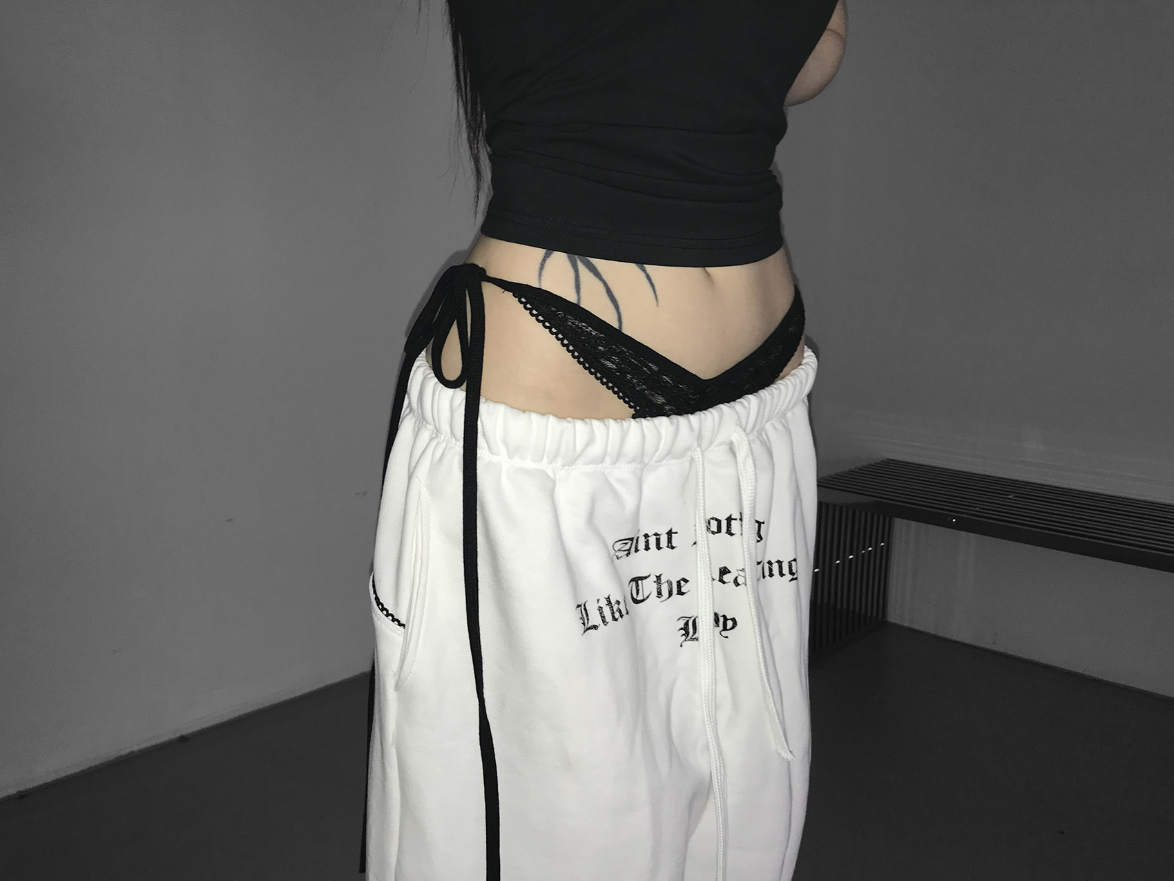 Layered Lace Waist Graphic Wide Leg Pants