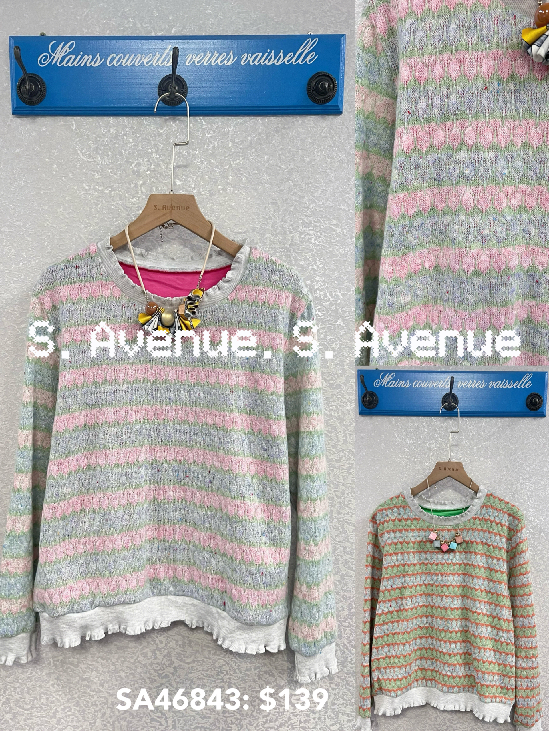 SA46842: 長袖波浪邊領橫間毛lace top