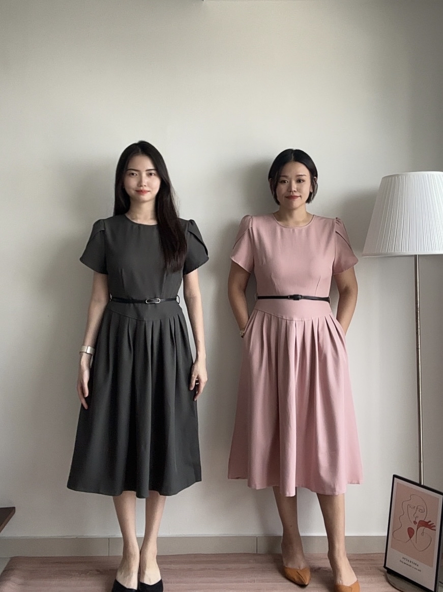 D2369 Puff Sleeve Pleated Dress - 3 Colors 