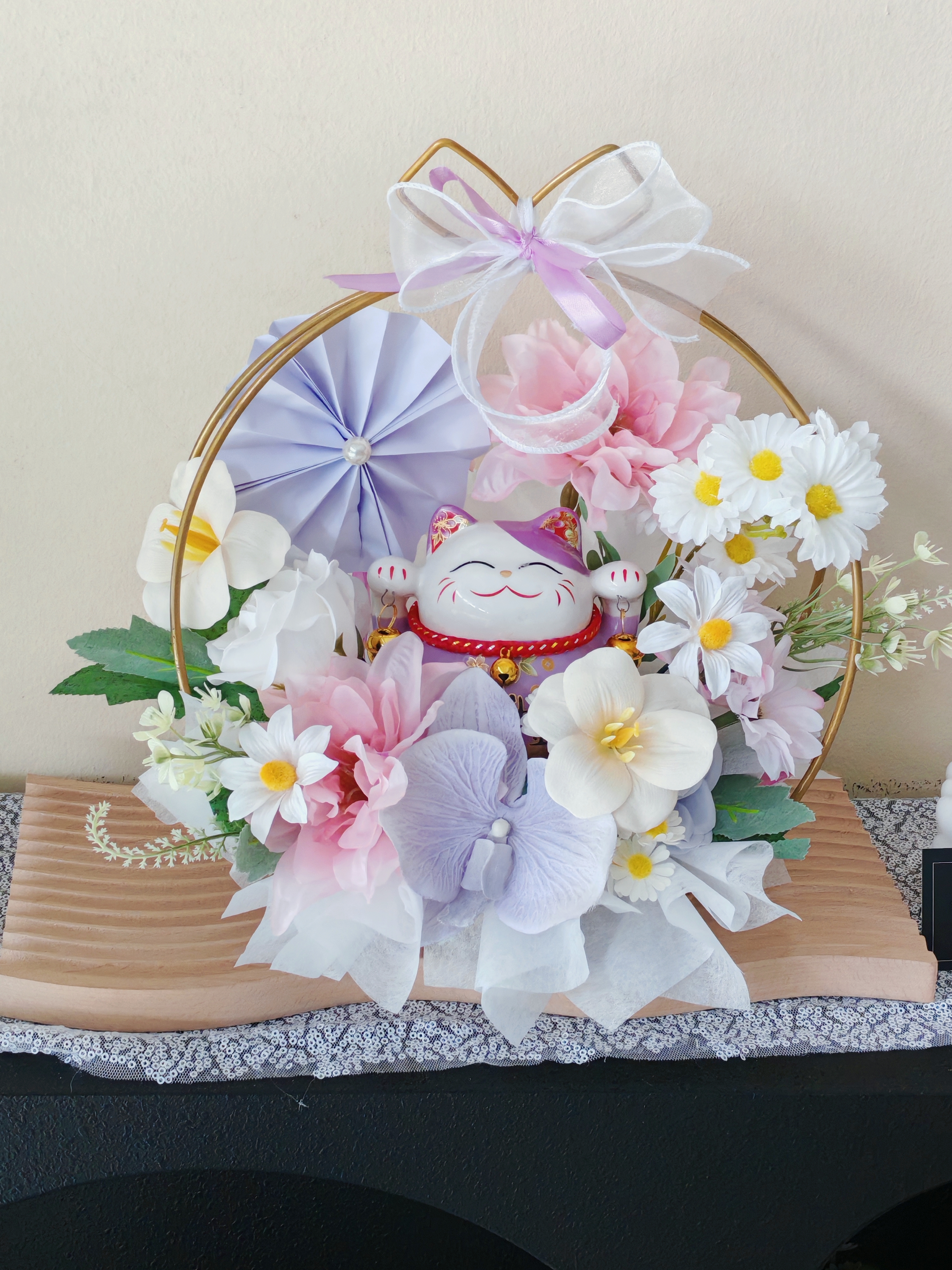 Lavender Purple Luckycat Flower Basket 