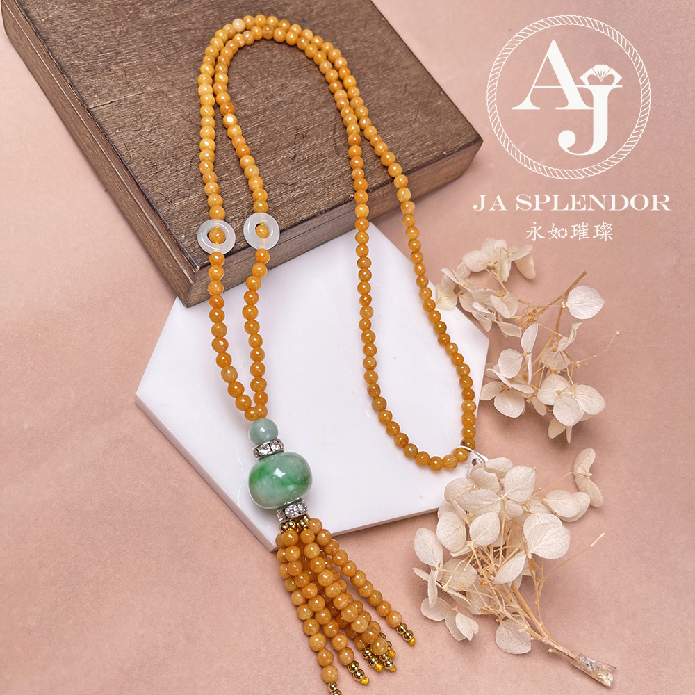 JN-H40-261 天然翡翠A玉 華麗黃翡配綠珠串串金項鏈