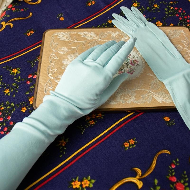 Vintage Made in West Germany Light Blue Opera Length Stretchy Evening Gloves (CE070)