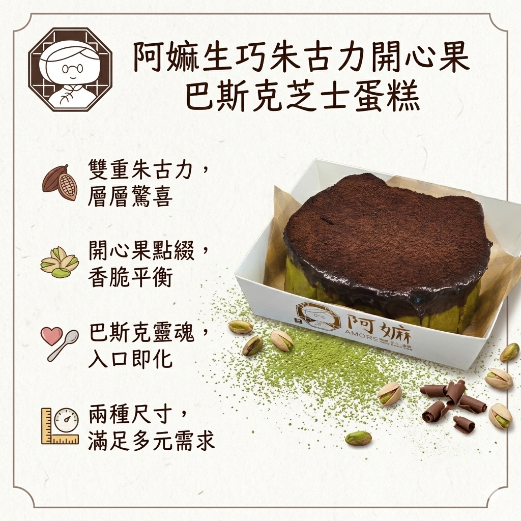 阿嫲｜生巧朱古力開心果 巴斯克芝士蛋糕｜極致絲滑 雙重誘惑