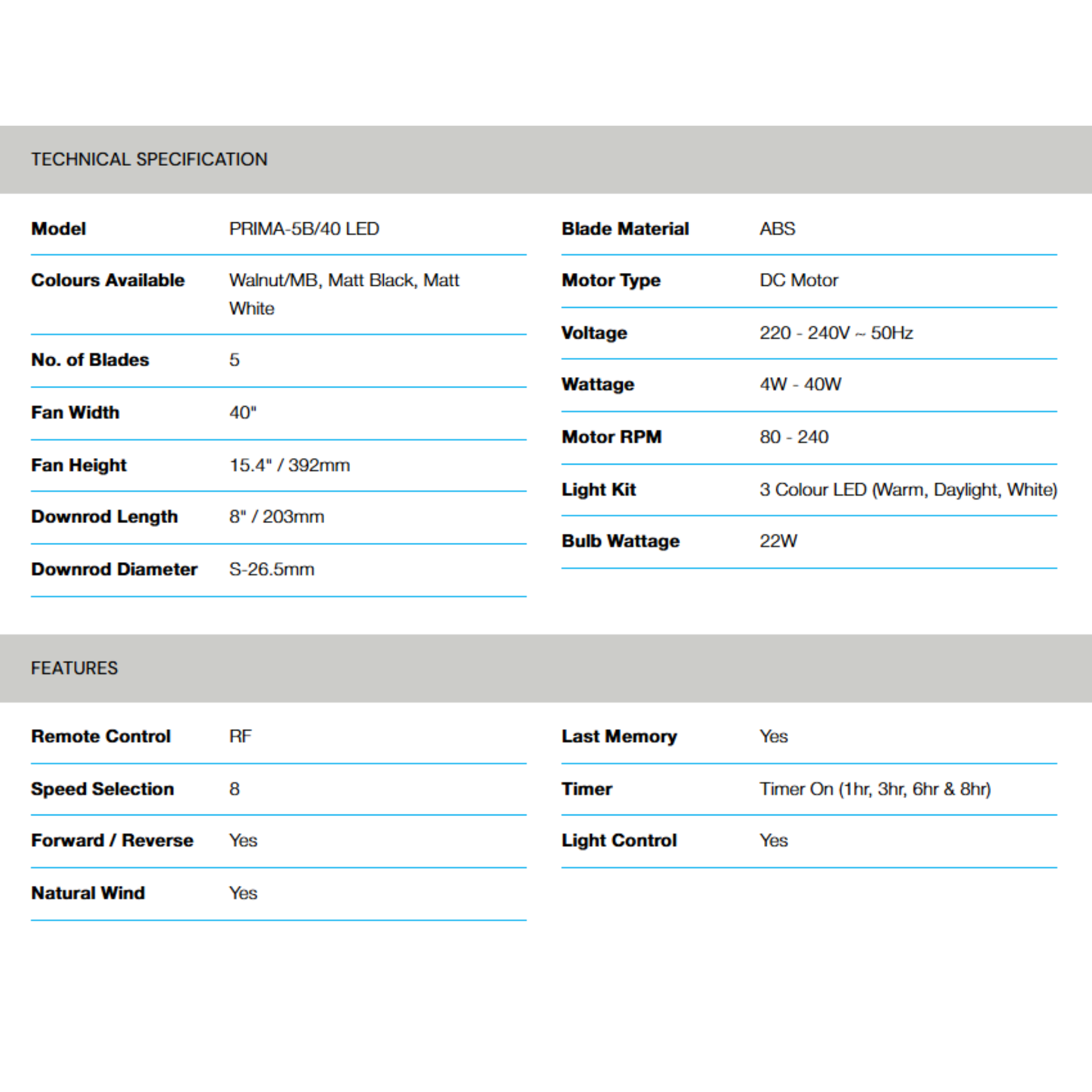 Alpha 40" Prima DC Motor LED Ceiling Fan (PRIMA-5B)