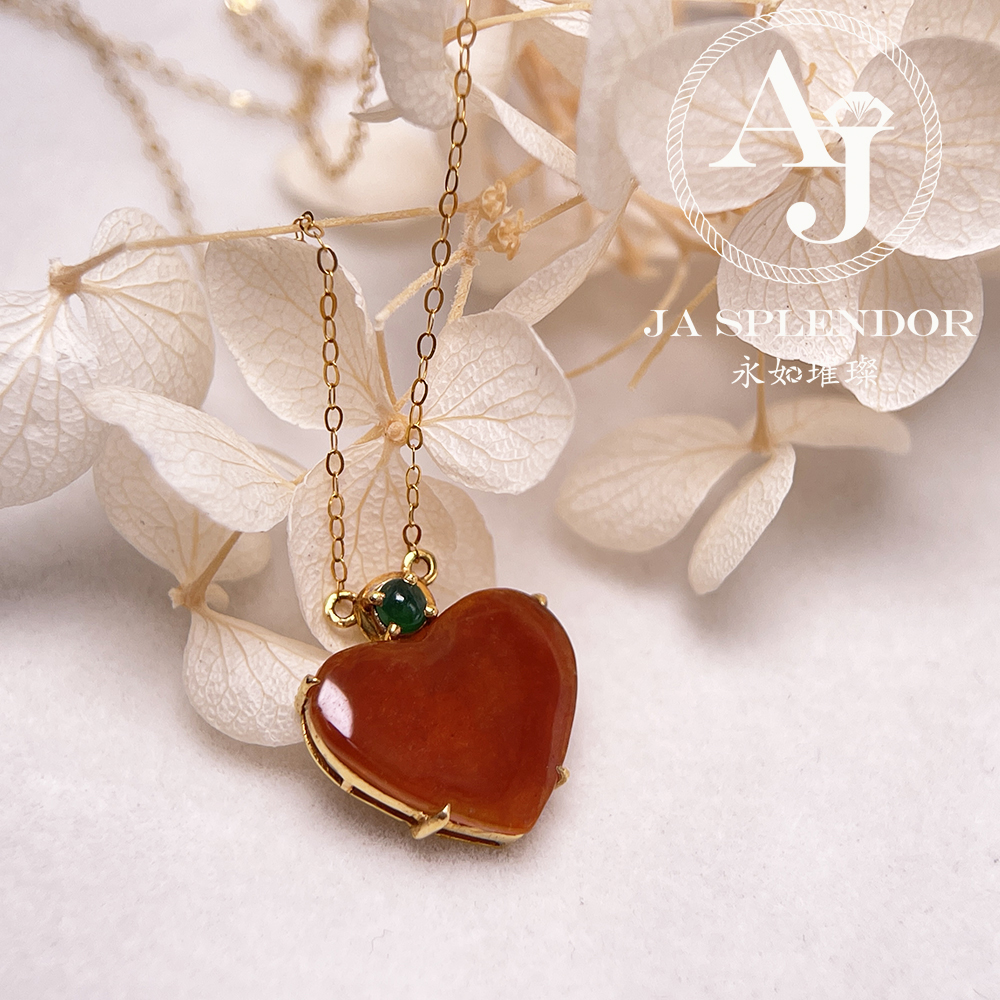 JNk-12 天然翡翠A玉 冰潤紅翡翠心心相印18K金吊墜連項鏈