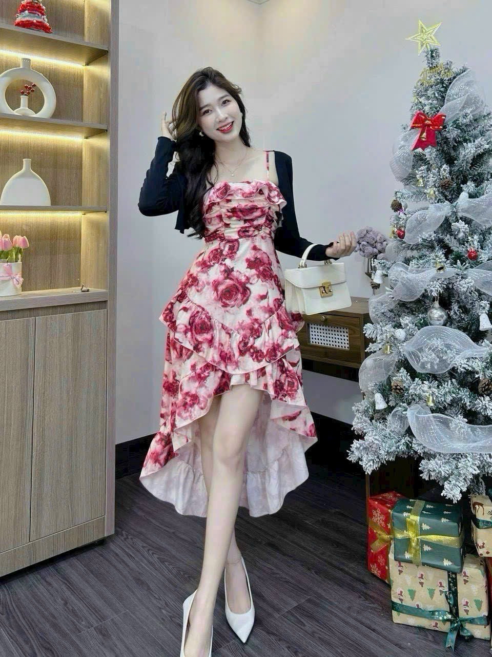 碎花洋裝搭配開襟衫两件套