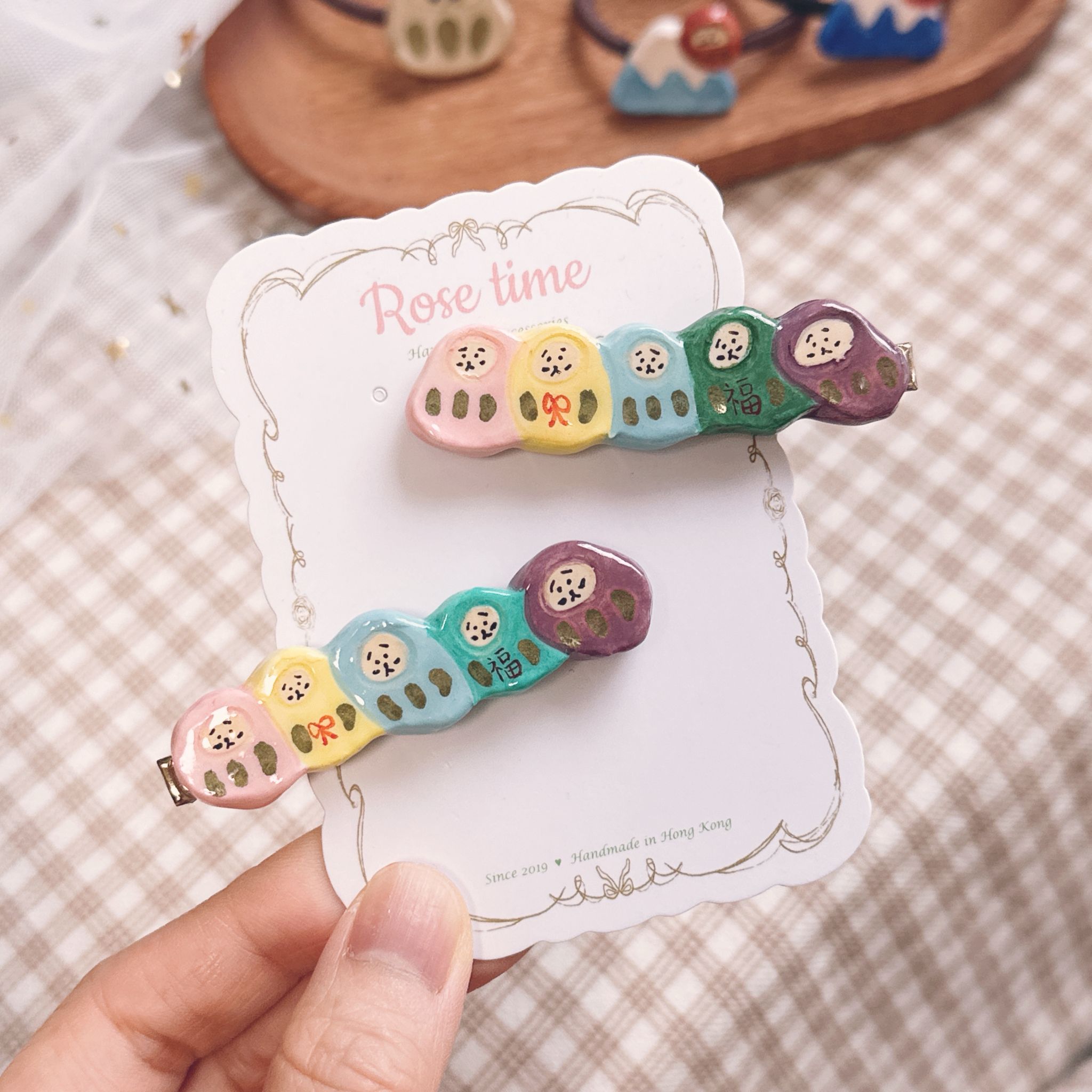 手繪五福達摩髮夾 （新-糖果色）