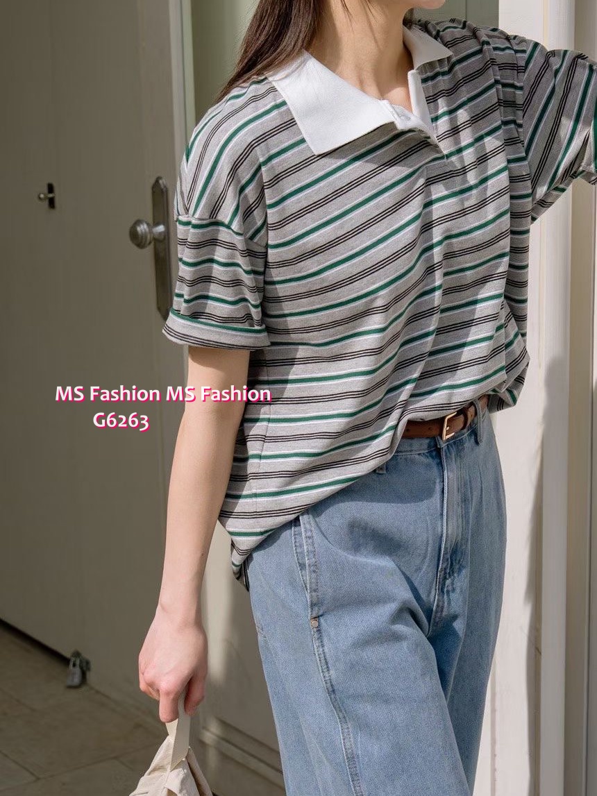 G6283 韓國🇰🇷拼色反領橫間top