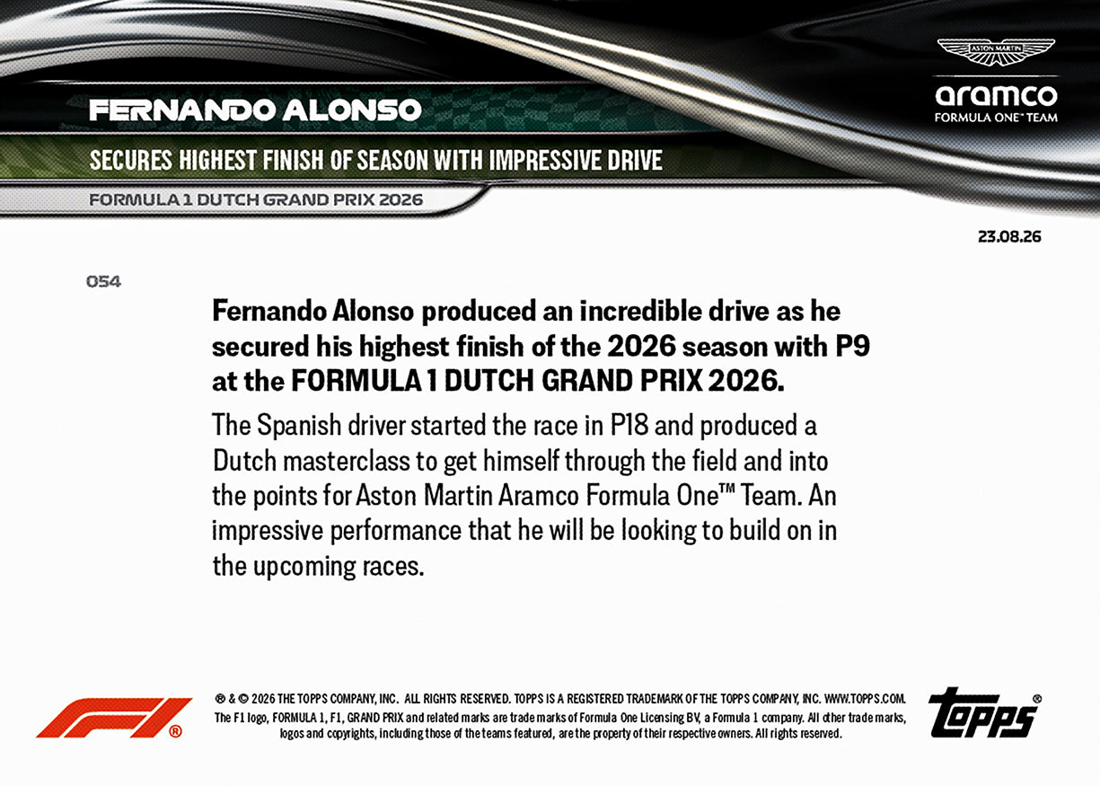 Fernando Alonso - 2026 F1 Topps NOW® #54 Dutch GP 紀念卡【團購】