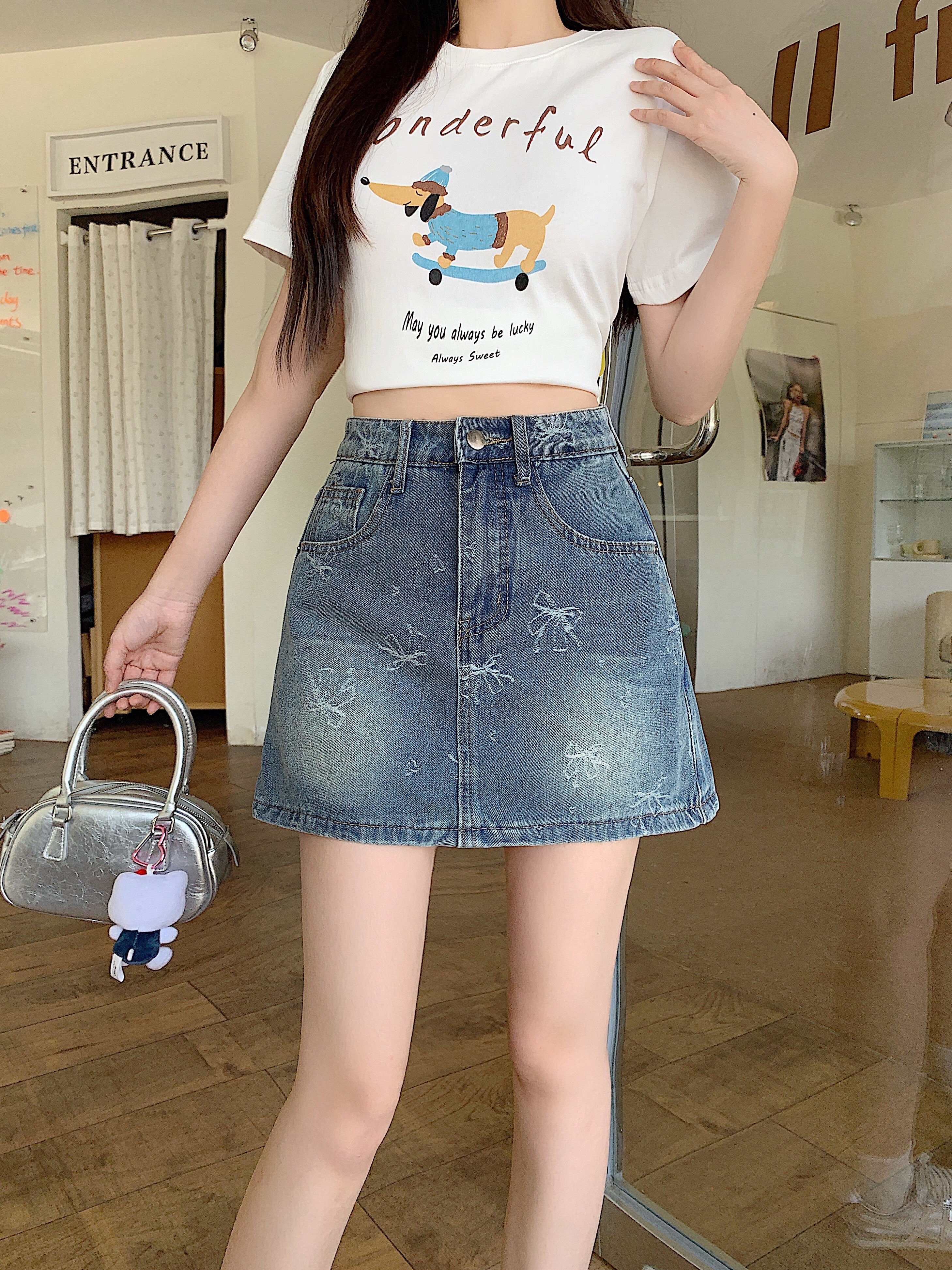 B446(66130) 韩系JEANS甜美风蝴蝶结印花设计感蓝前裙后裤