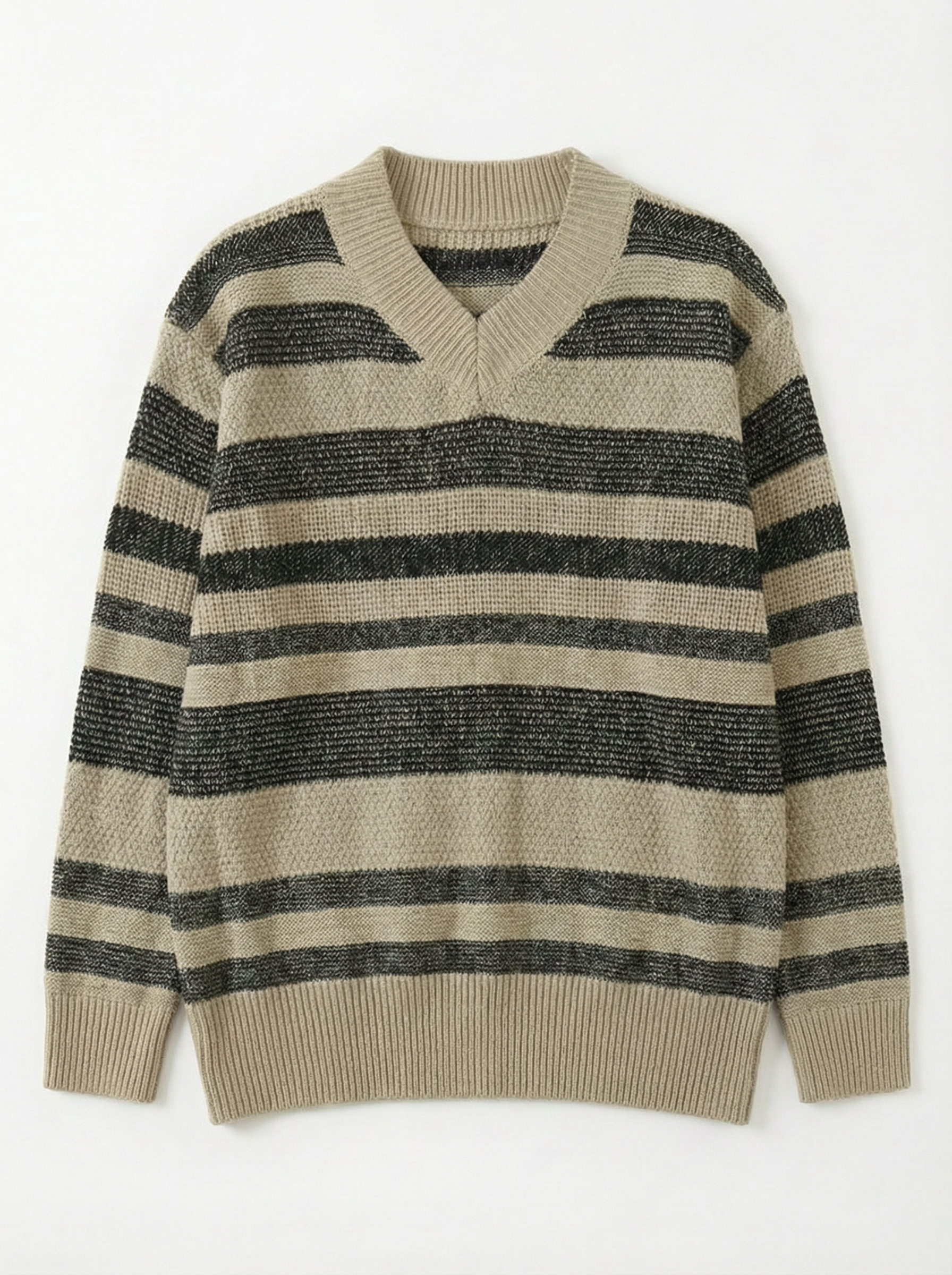 米黑粗條紋 V 領長針織毛衣