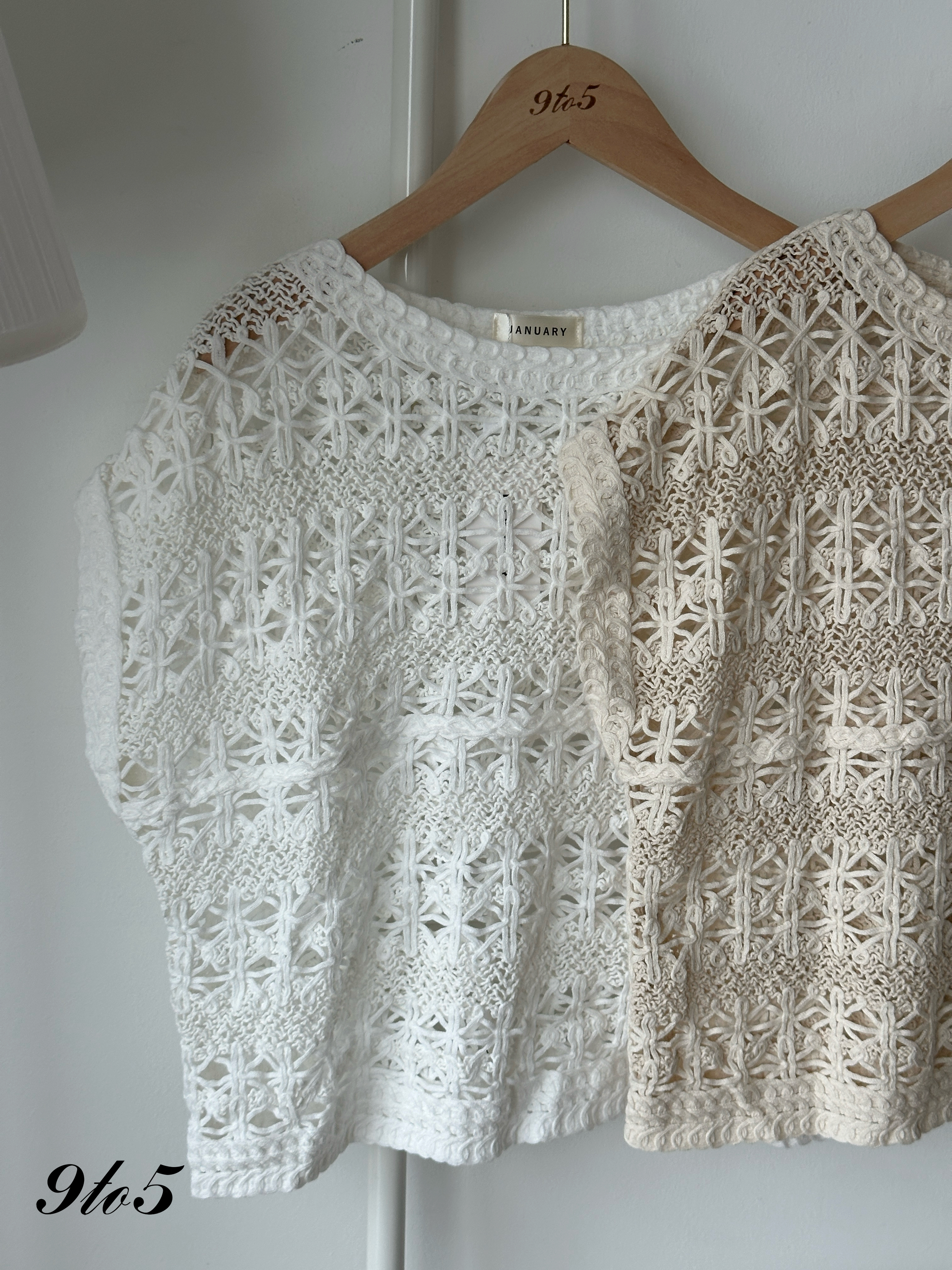 T4221 Cape Sleeve Crochet Top - Beige & White