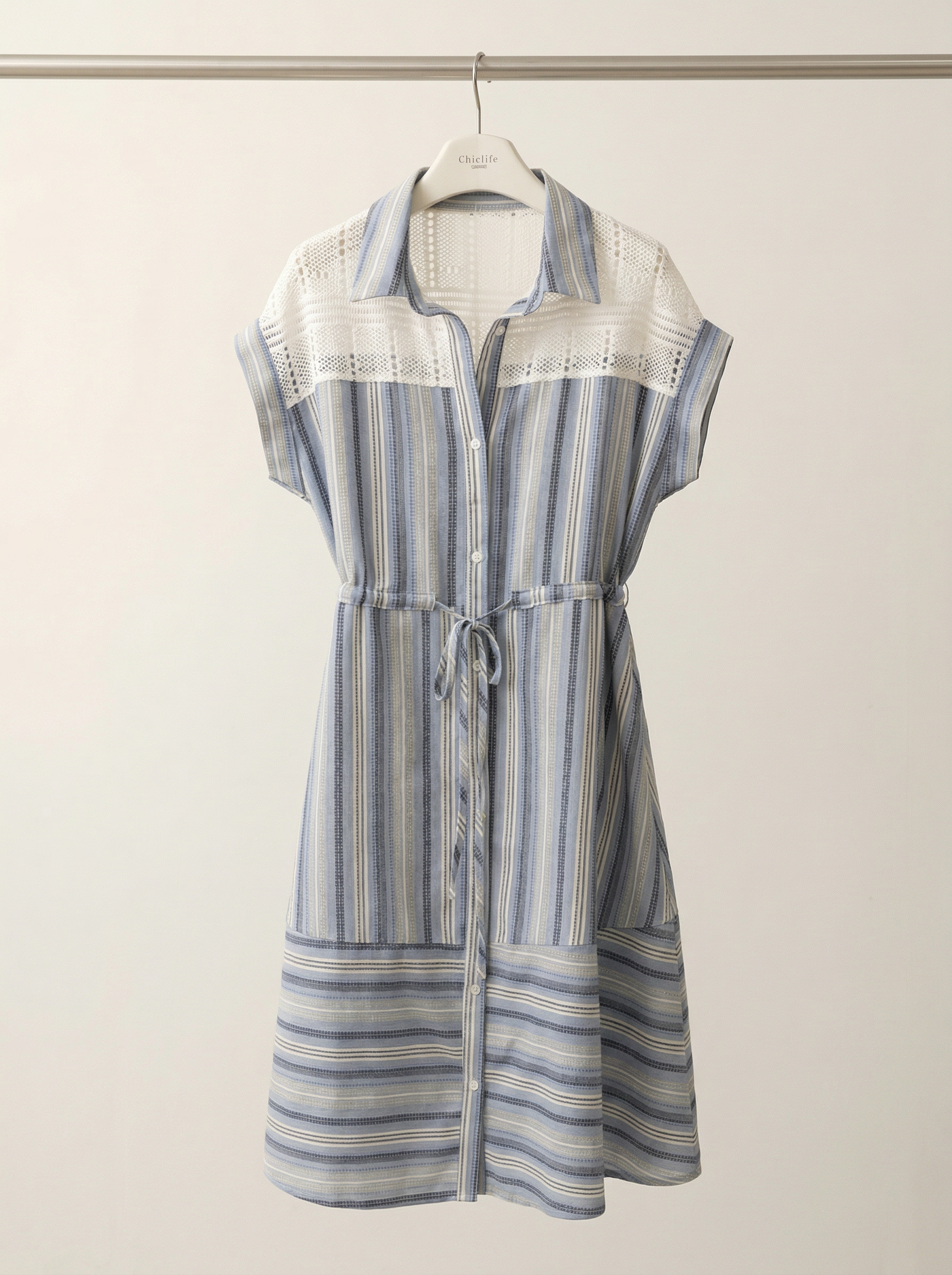 藍白條紋蕾絲拼接襯衫連衣裙