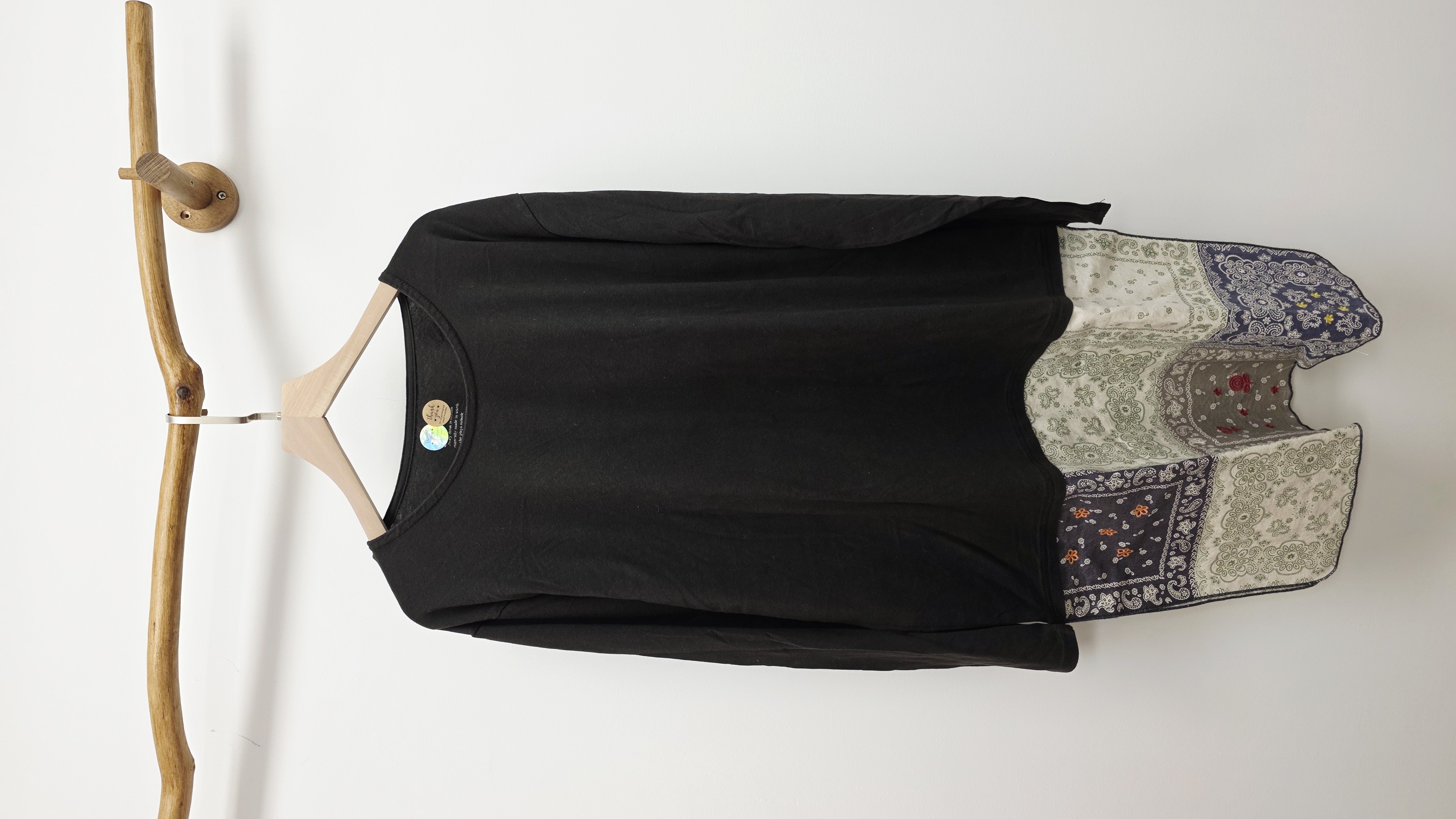 日牌炭灰拼腰果花布中長裙