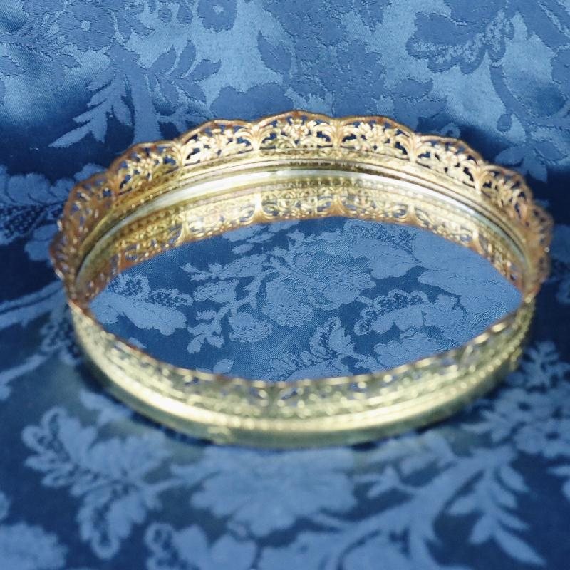 C.a. 1960-70s Stamped Filigree Gold Tone Round Mirror Tray / Vanity Tray (MT1686)